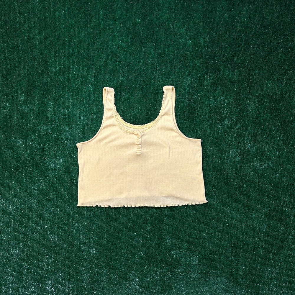 SO Henley Pointelle Ribbed Lettuce Hem Tank Top Pastel Yellow XL